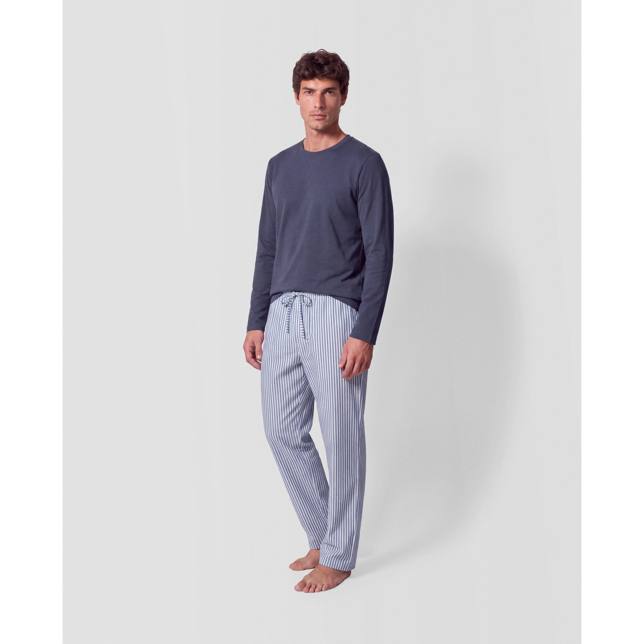 Pigiama lungo in cotone a righe oxford blu
