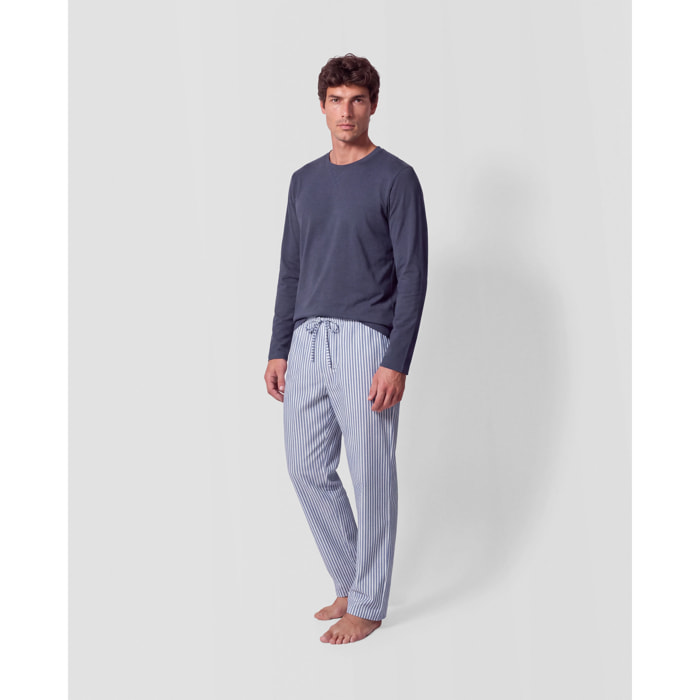 Pigiama lungo in cotone a righe oxford blu