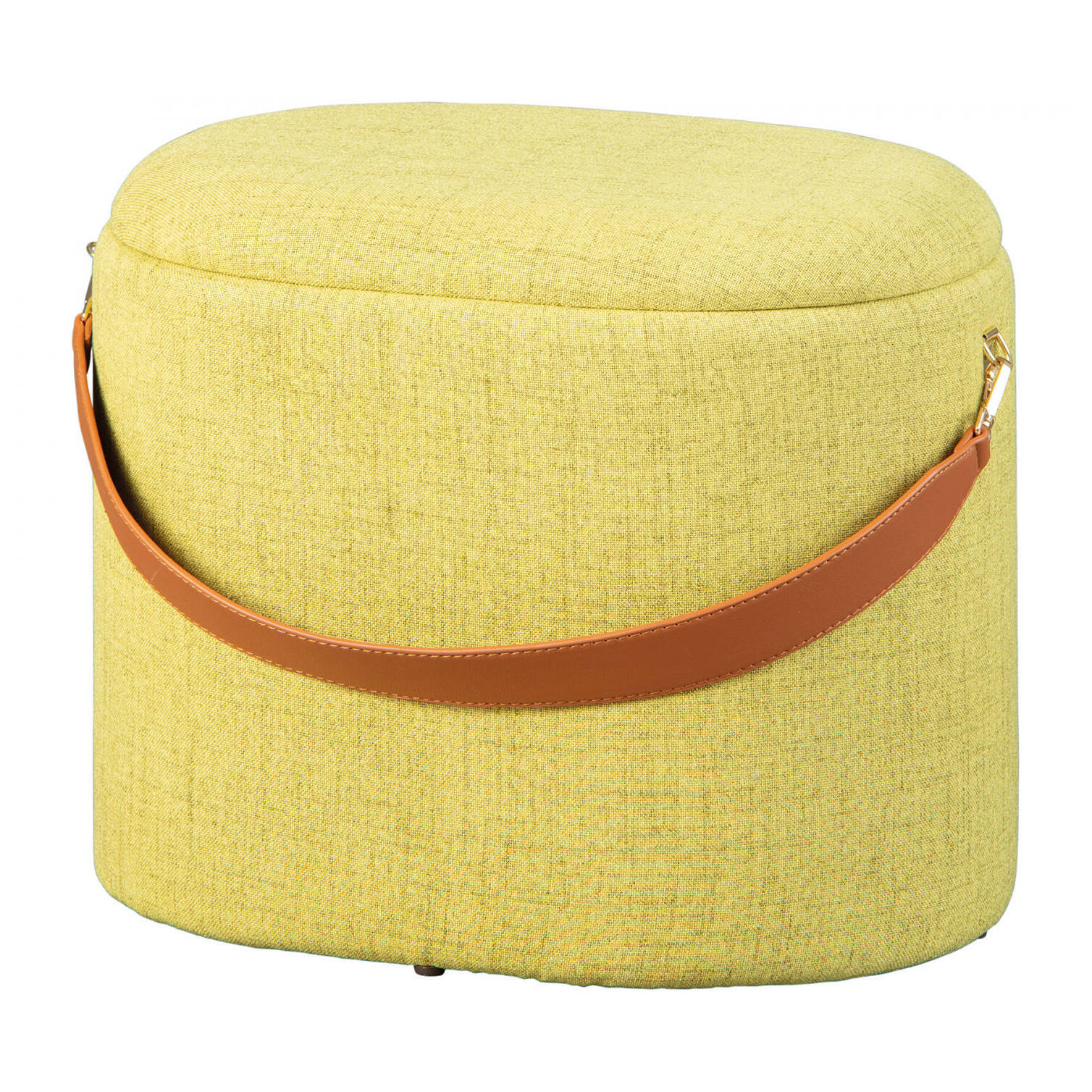 Pouf contenitore in tessuto con maniglia in ecopelle, colore giallo-verde, cm 42x30x36