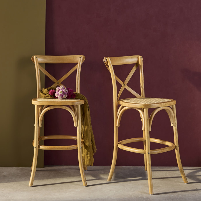 Lot de 2 tabourets de bar bistrot vintage en bois naturel avec repose-pieds