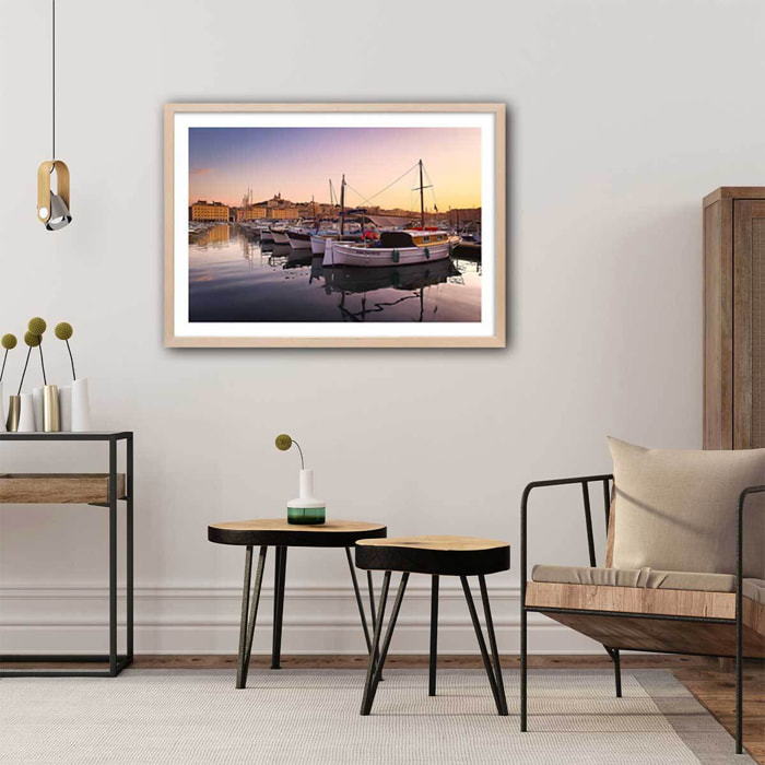 Affiche marseille , le vieux port Affiche + cadre en bois - Chêne