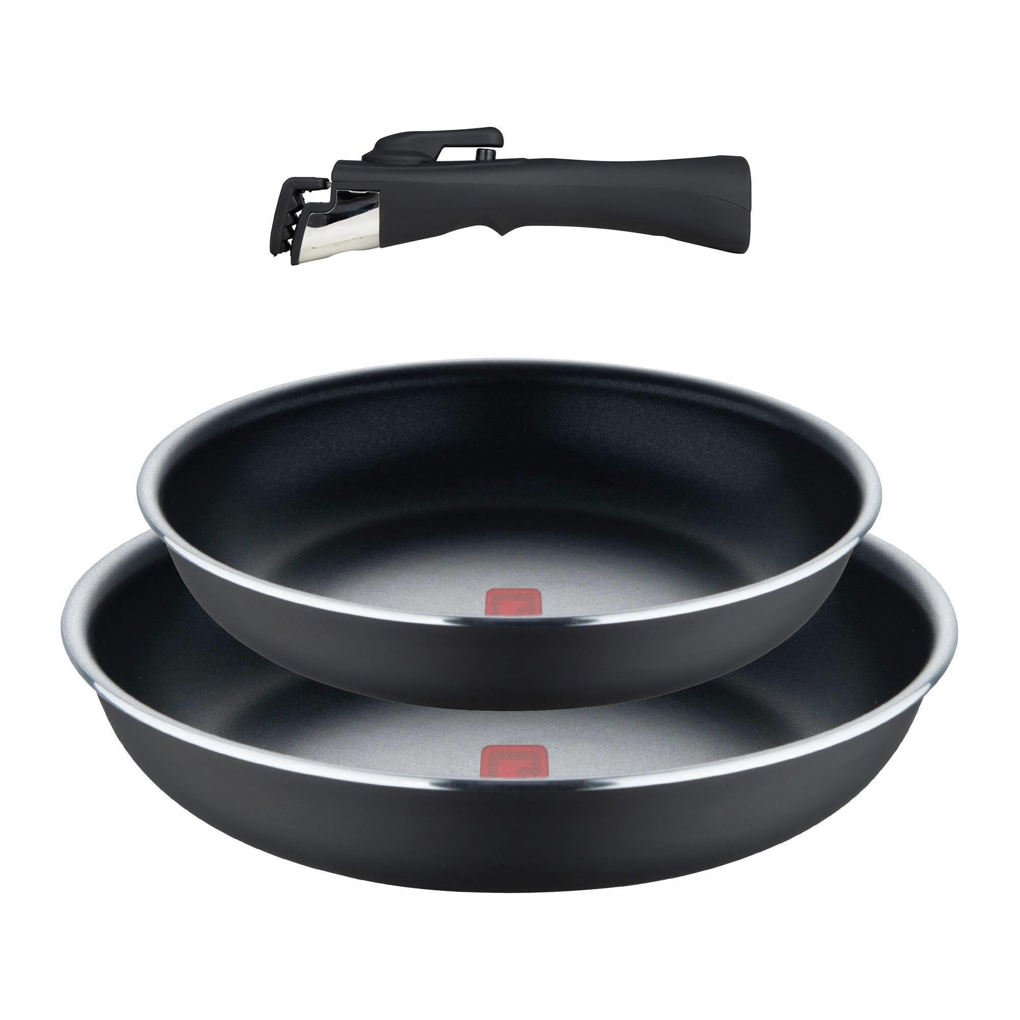 juego de 2 sartenes ø24ø28cm aluminio prensado y heat dot negro + mango desmontable