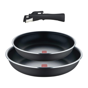 juego de 2 sartenes ø24ø28cm aluminio prensado y heat dot negro + mango desmontable