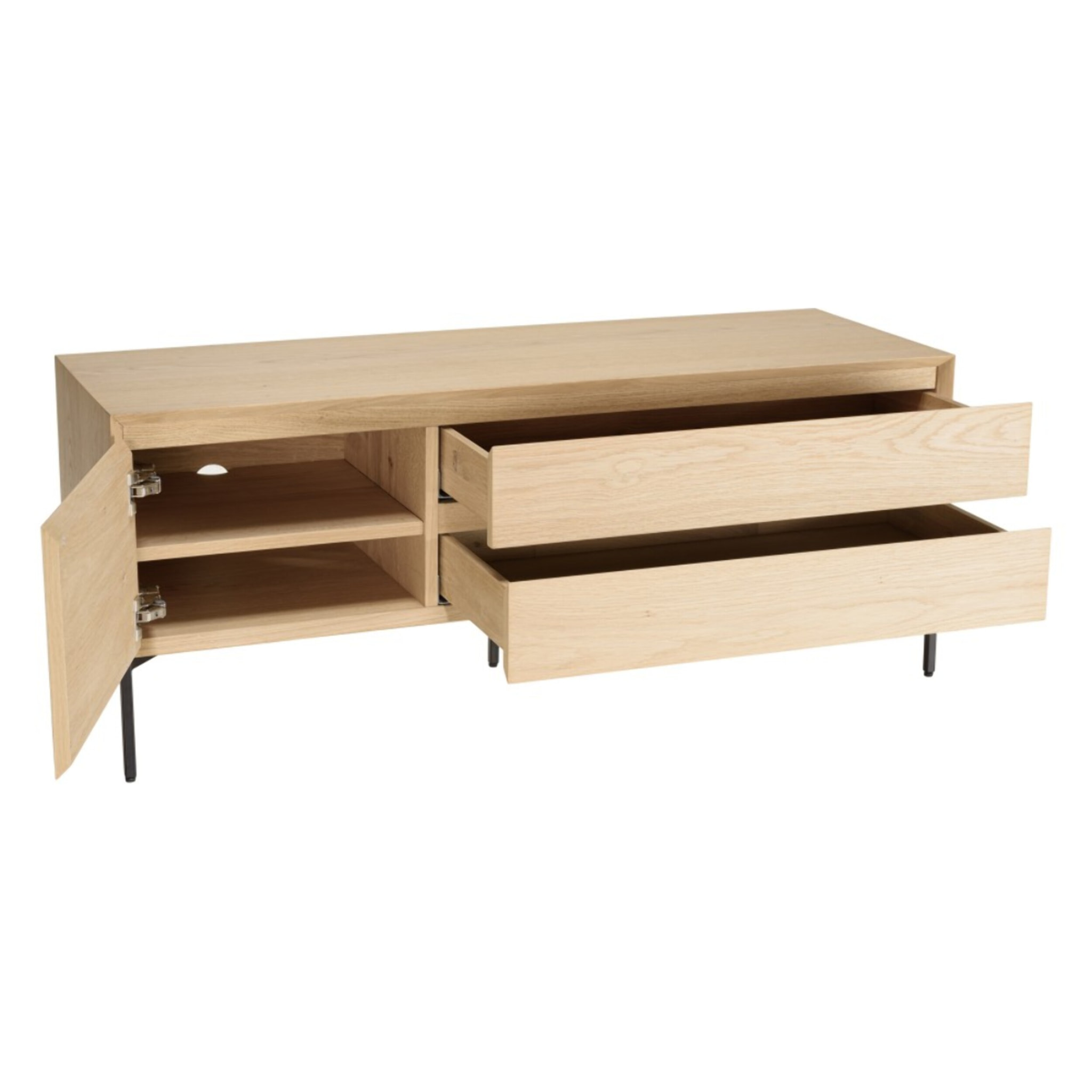 MAXENDRE - Meuble TV naturel 1 porte 2 tiroirs pieds métal noir