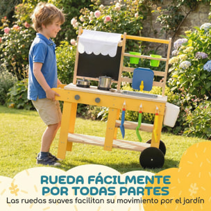 Cocina de Juguete Exterior con Ruedas, Cocinita Infantil de Madera con Agua Real, Fregadero, Estufas, Estantes, Macetas, Pizarra y 15 Accesorios, 84,2x34,4x90 cm, Amarillo