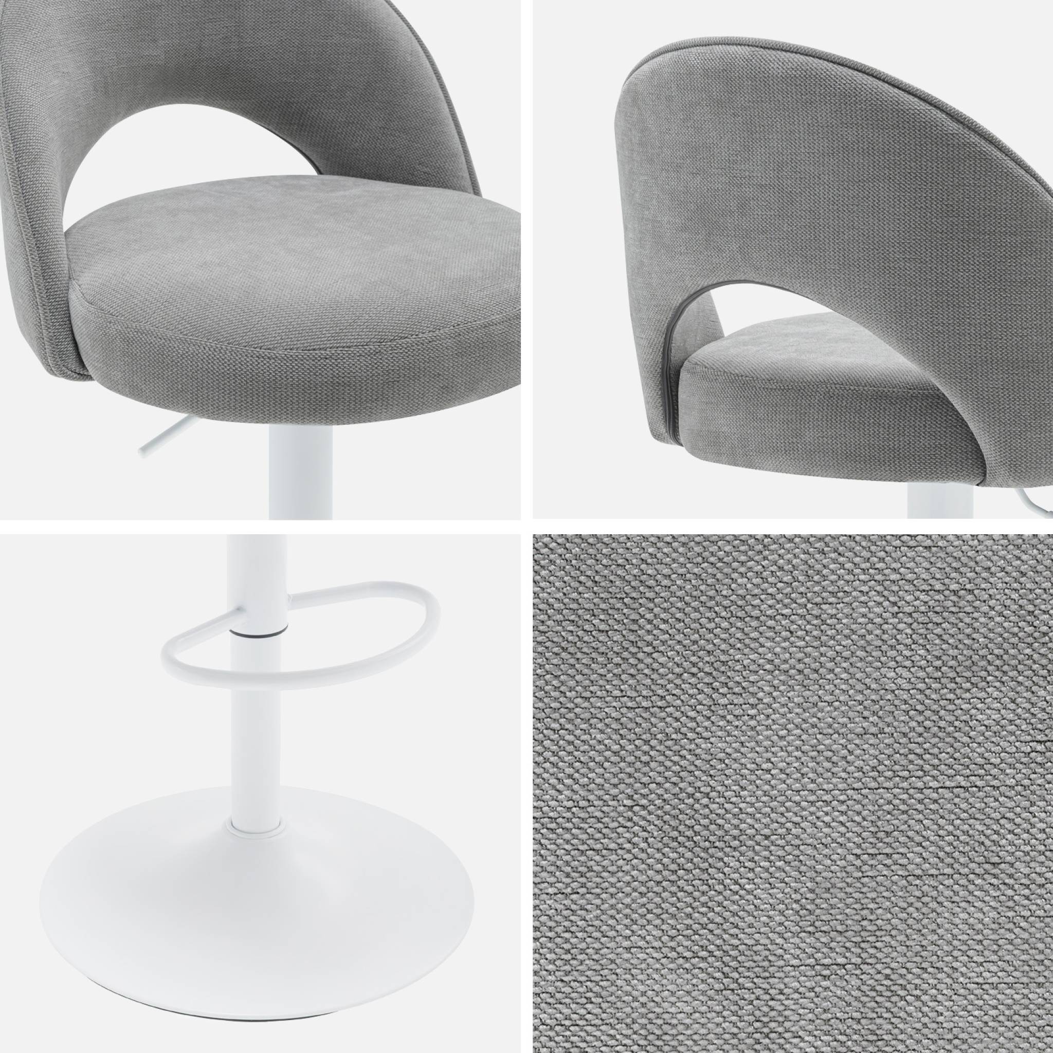 Lot de deux tabourets de bar ajustables métal et tissu gris clair. pied blanc - L 49 x P 49 x H 88.5-110cm - Abby