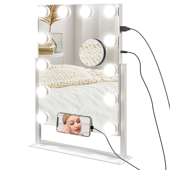 Hollywood Espejo de Maquillaje con Luz Espejo de Tocador Giratorio 30x40 cm con 12 Bombillas LED 3 Modos de Iluminación Ajustables Interruptor Táctil Soporte para Teléfono y Puerto USB Blanco