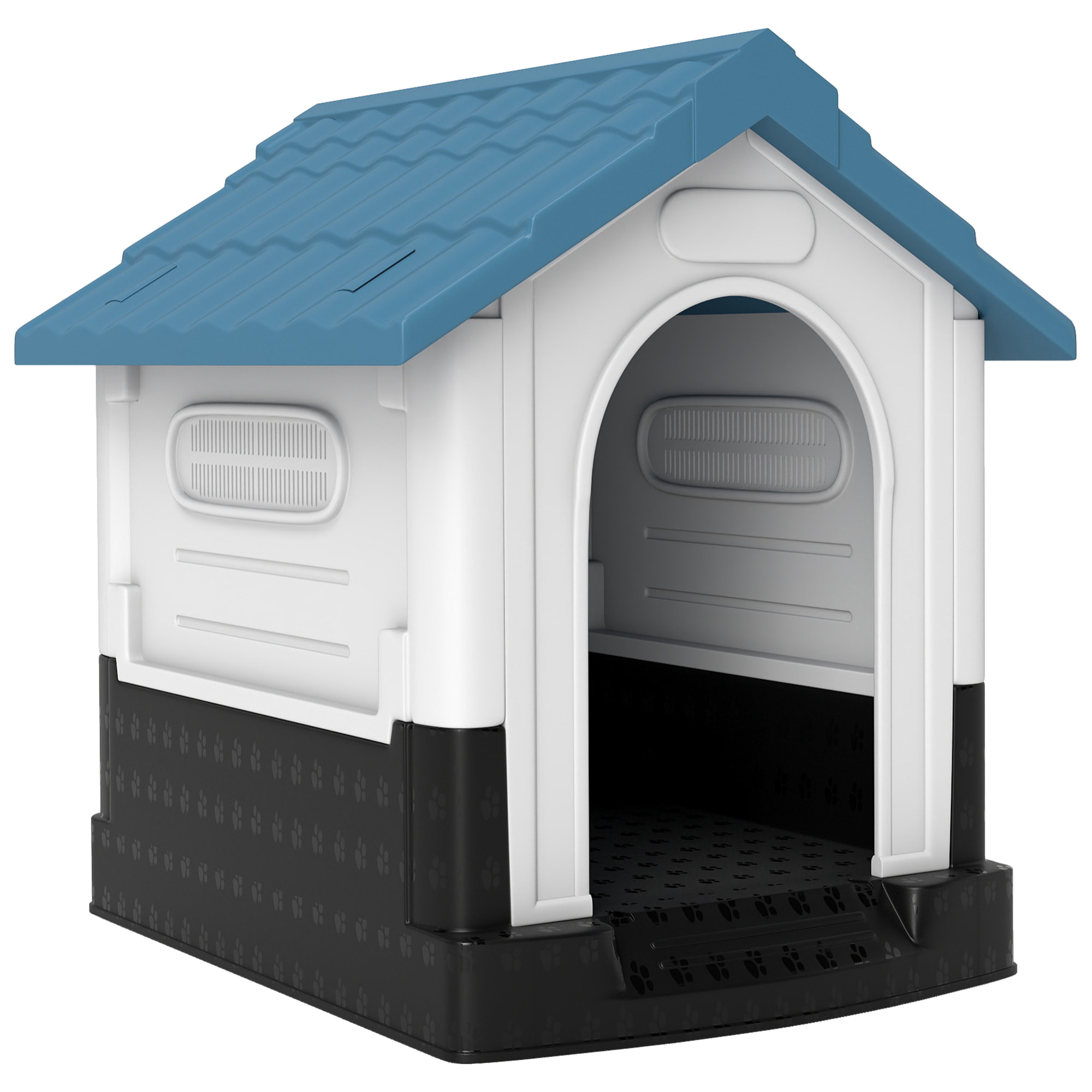 Caseta para Perros Mini para Exterior, Casa para Perros de Plástico con 3 Ventanas, Base Elevada, Techo de Tejas de Imitación, 64,5x57x66 cm, Azul