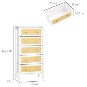 Cómoda de Dormitorio Cajonera de Estilo Bohemio con 5 Cajones de Tela Plegable Superficie de Ratán PE y Marco de Acero para Entrada Salón Pasillo 62x30x126,5 cm Blanco