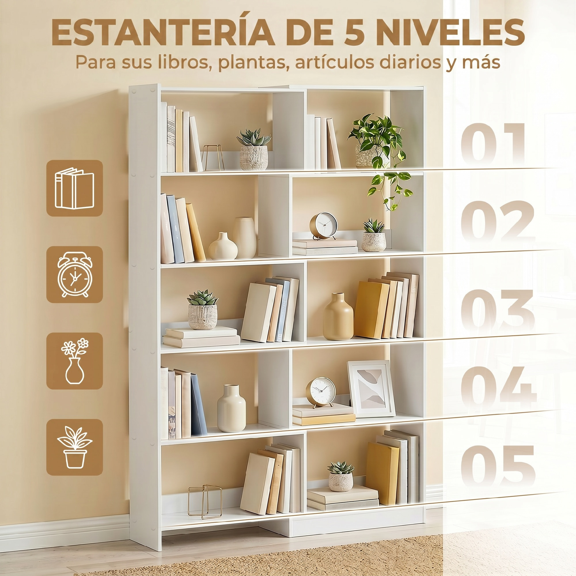 Estantería Expandible 5 Niveles, Librería para Libros Giratoria 350°, Ancho Ajustable, Convertible en en L, Recta o Compacta para Salón, Dormitorio, Estudio 111,5x23,8x163,7 cm Blanco