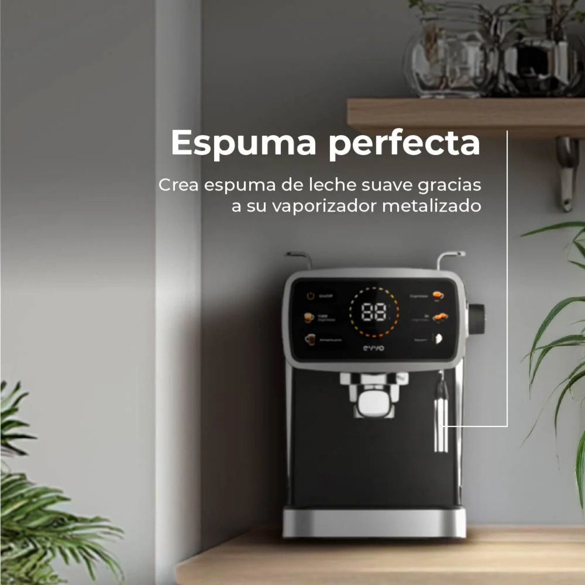 EVVO Cafetera Express Intensa 30. panel táctil a color. 20 bares de presion. Espressos y Capuccinos. 1350W. Doble salida. portafiltros. Depósito de 1.5 l