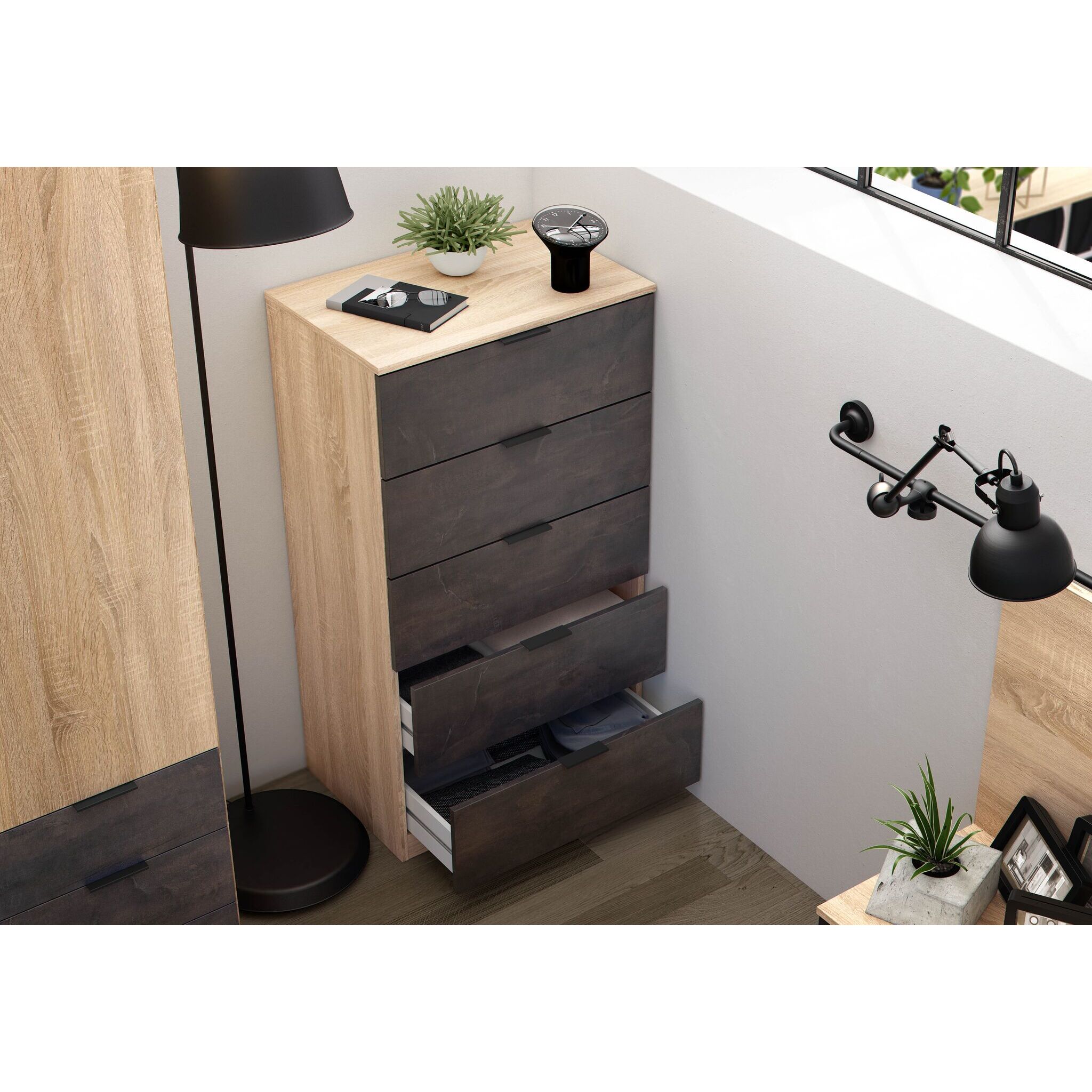 Comò Alto 5 Cassetti Sinfonier Stile Industriale Comodino Mobile Contenitore Salvaspazio Moderno Camera Da Letto 110 x 60 x 40 Cm Rovere E Ossido