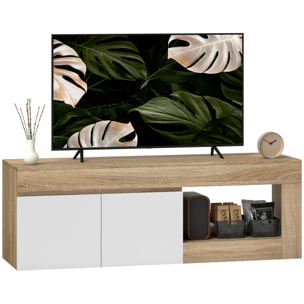 Mueble de TV Moderno, Mesa de TV para Salón con 2 Puertas, Estante Abierto, para Televisión 60 Pulgadas, 140x40x48 cm, Blanco y Natural