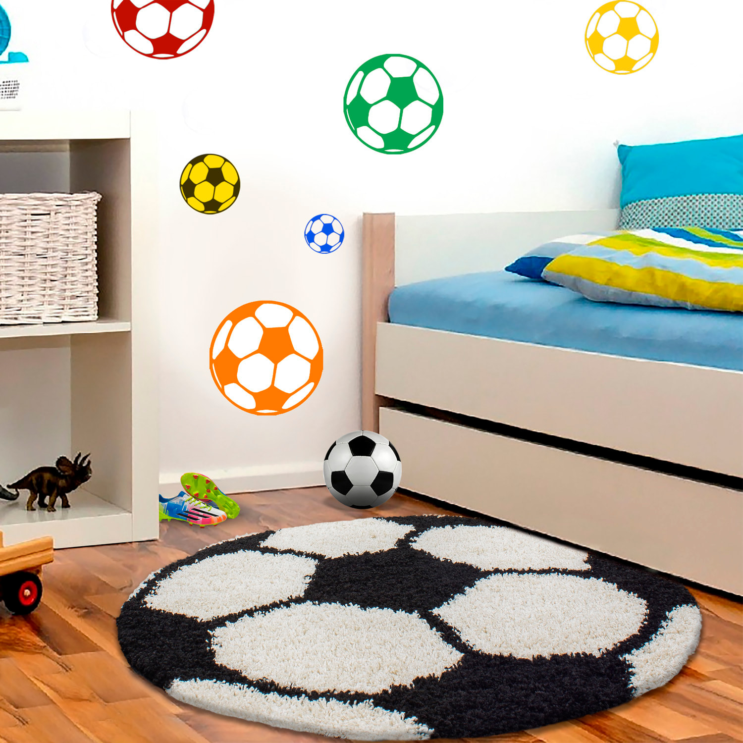 FUN - Tapis enfant shaggy rond à poils long motif ballon de foot noir