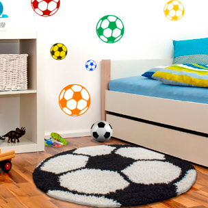 FUN - Tapis enfant shaggy rond à poils long motif ballon de foot noir