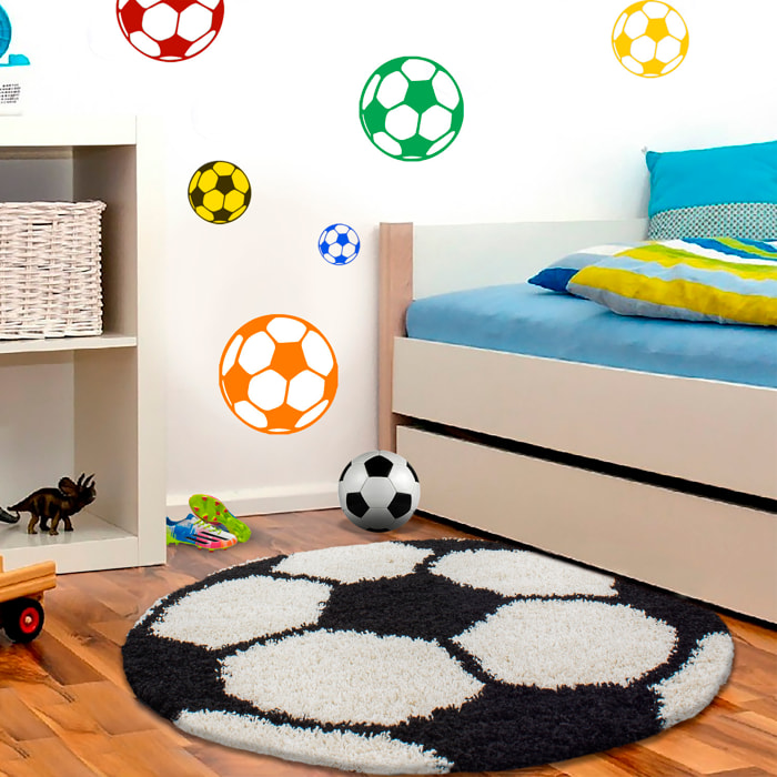 FUN - Tapis enfant shaggy rond à poils long motif ballon de foot noir