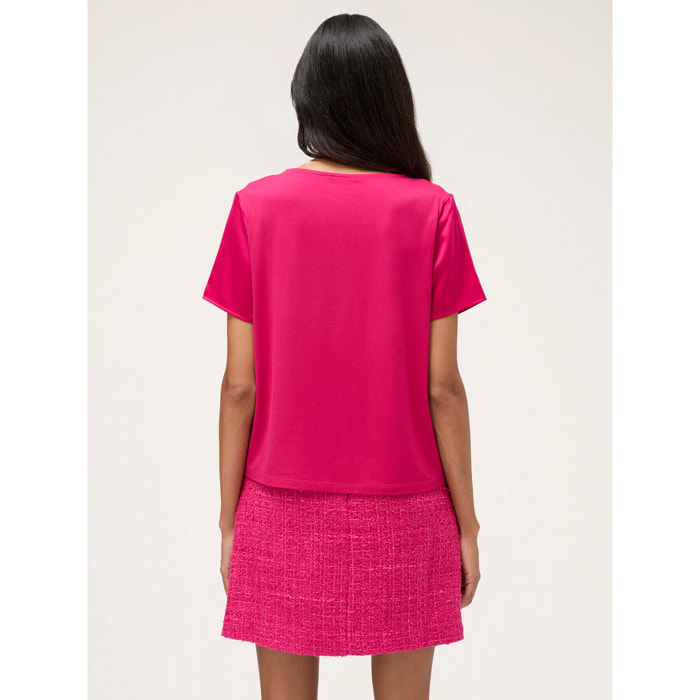 Motivi - Camiseta bimateria con pliegues - Fuchsia