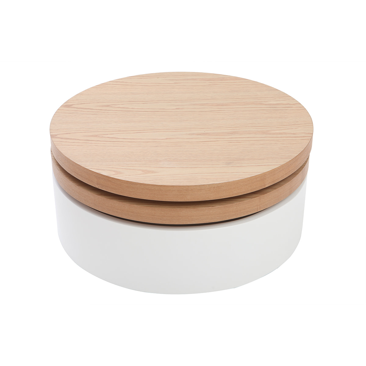 Table basse ronde avec plateaux pivotants et rangement blanc et bois clair chêne D80 cm ICON
