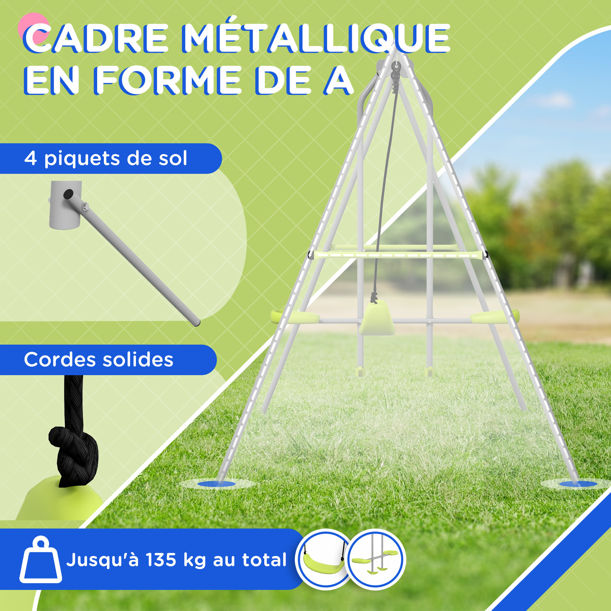 Balançoire 2 agrès portique avec balançoire et face à face dim. 2,55L x 1,6l x 1,8H m métal époxy PE gris vert