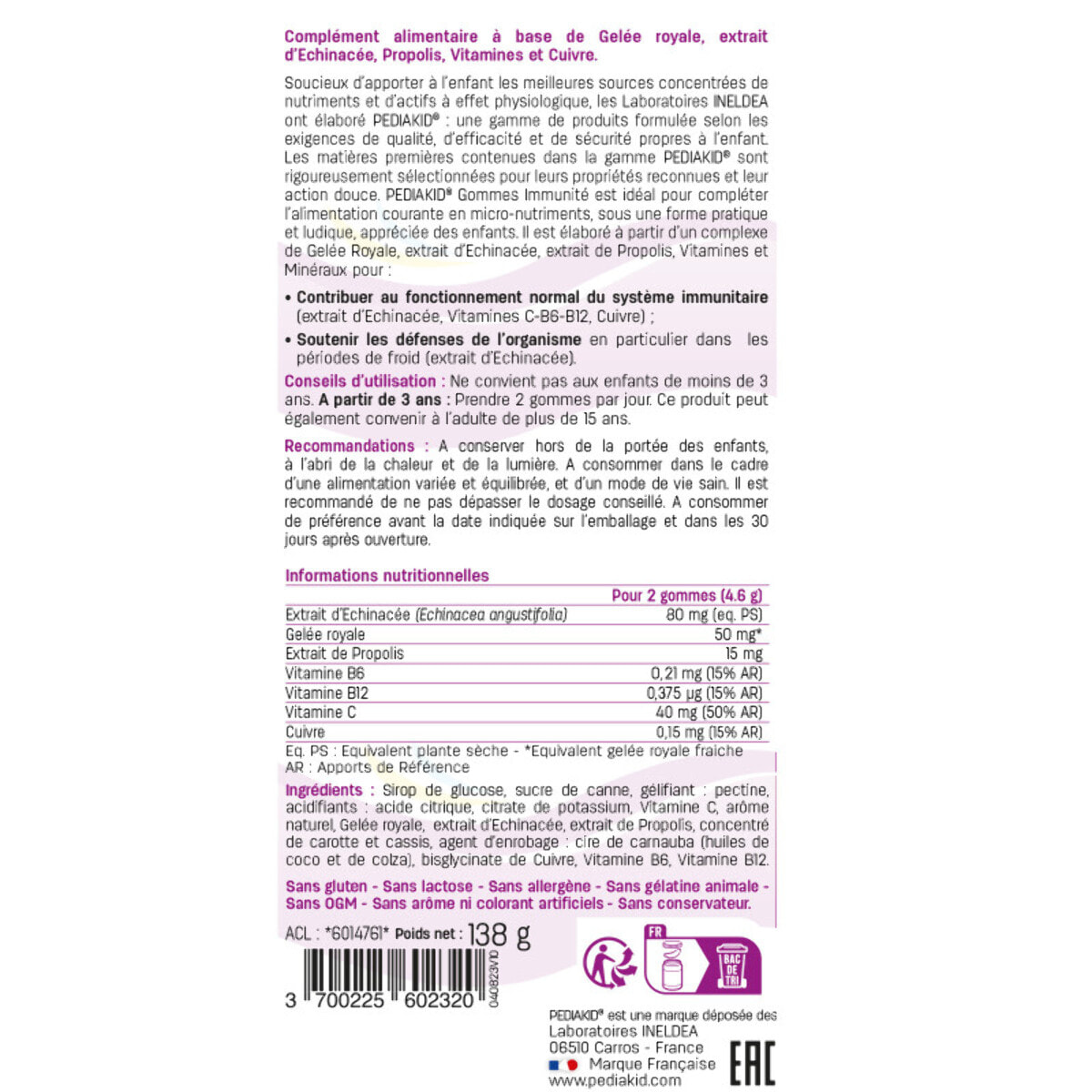 PEDIAKID - Gommes Immunité - Formule Naturelle au Délicieux Arôme de Framboise - Contribue au Fonctionnement Normal du Système Immunitaire - Soutient les Défenses de l'Organisme - Lot de 3 piluliers