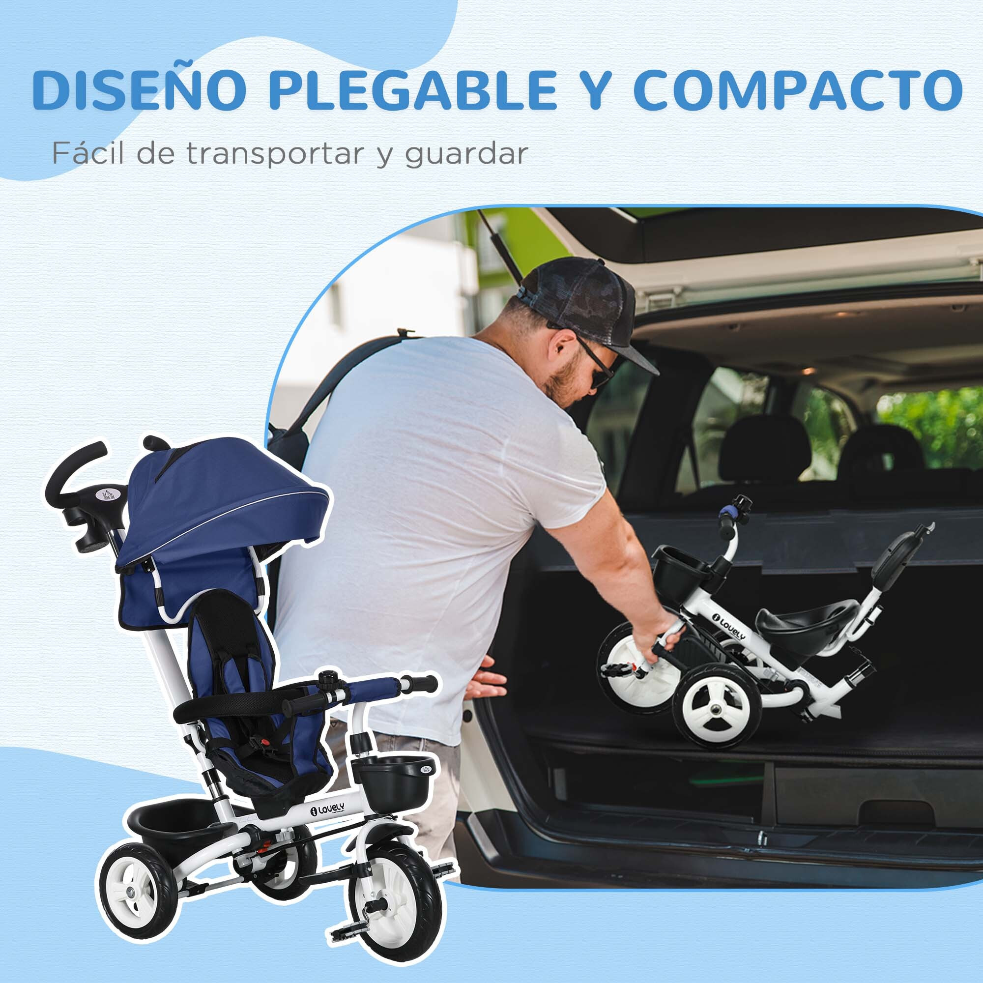 Triciclo para Bebés Plegable Triciclo Evolutivo 2 en 1 para Niños de 12-60 Meses con Toldo Plegable Mango de Empuje Telescópico Reposapiés Cinturón de Seguridad y Cestas Azul