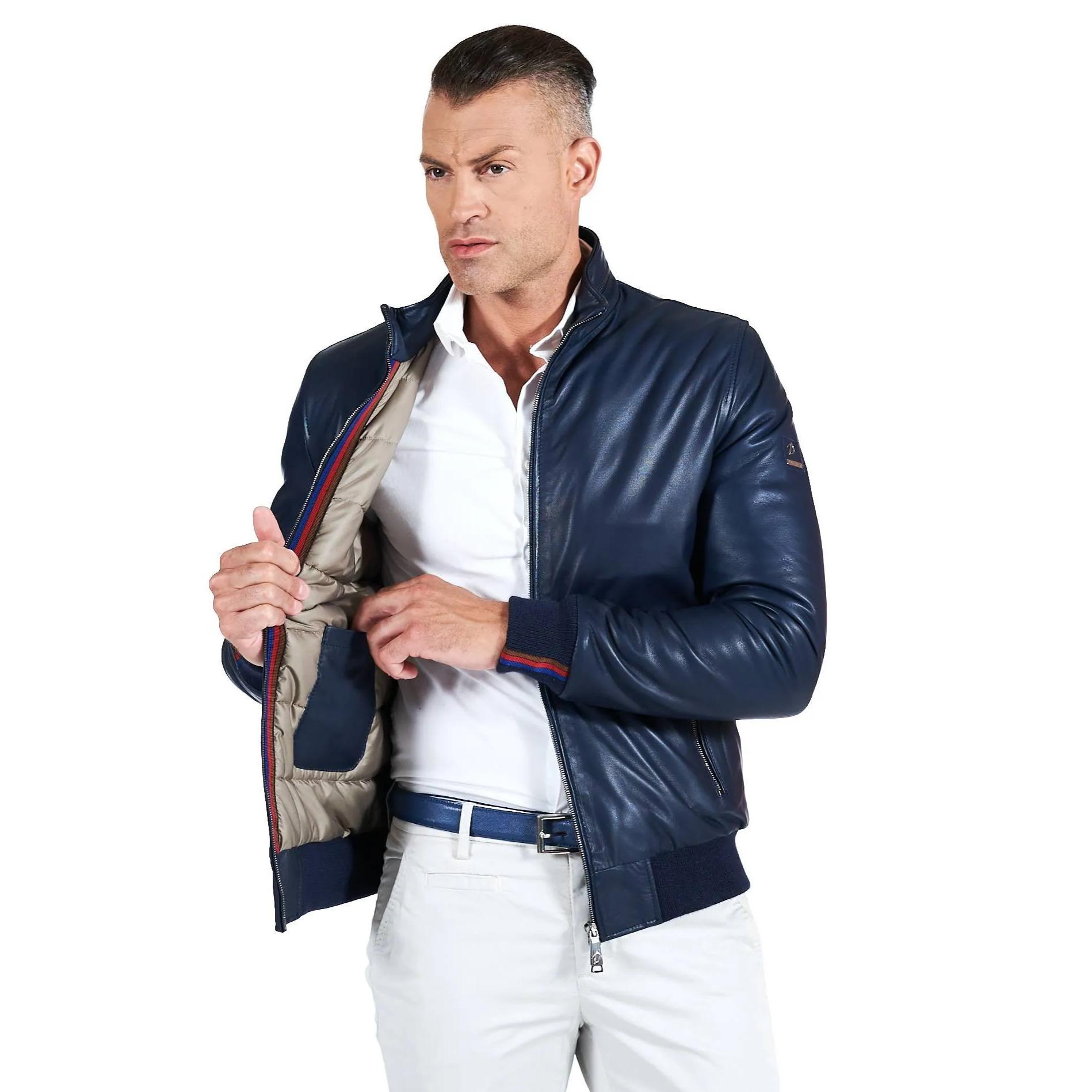 Bomber imbottito in pelle nappa blu collo coreana con cerniera