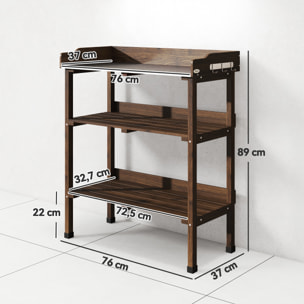 Mesa de Plantación de Madera de 3 Niveles, Mesa de Jardinería con Placa Metálica, 2 Estantes y Ganchos, Resistente a la Intemperie, para Jardín, Terraza, Balcón, 76x37x89 cm, Carbonizado