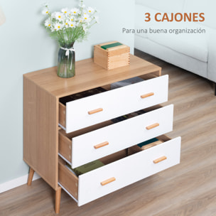 HOMCOM Cómoda de Madera con 3 Cajones Cajonera Armario Auxiliar de Almacenamiento Moderna con Patas Elevadas para Dormitorio Salón 80x39x80 cm Blanco y Natural