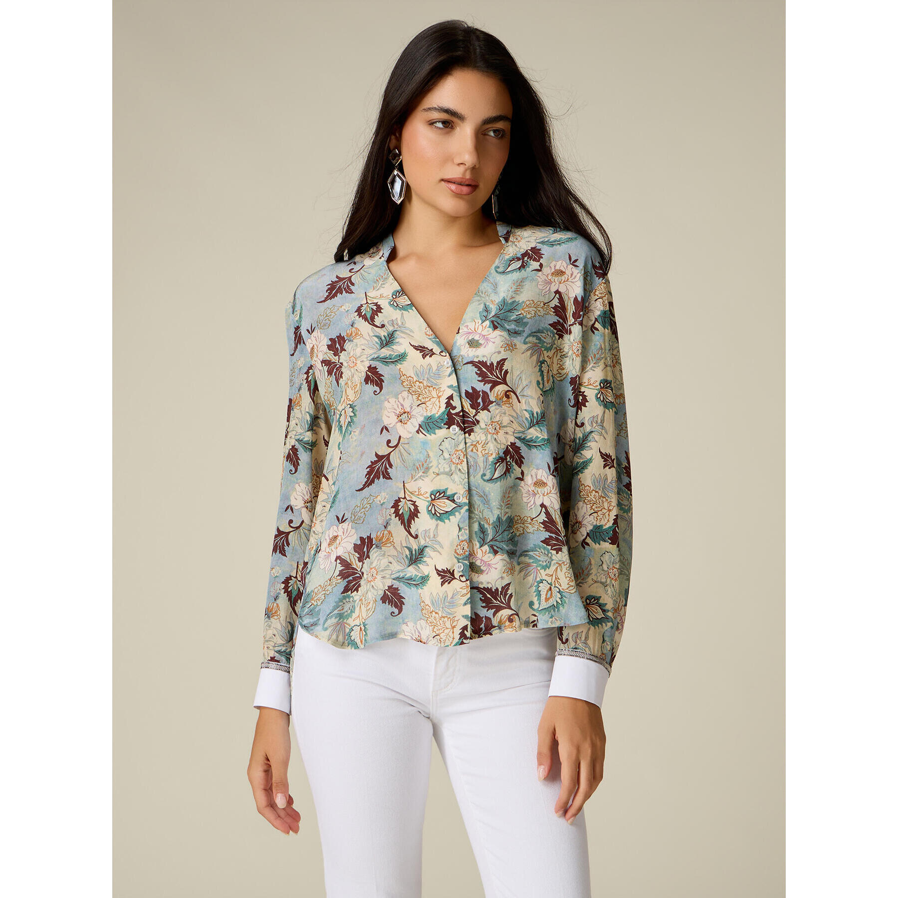 Oltre - Camicia fantasia con dettaglio gioiello - Azzurro