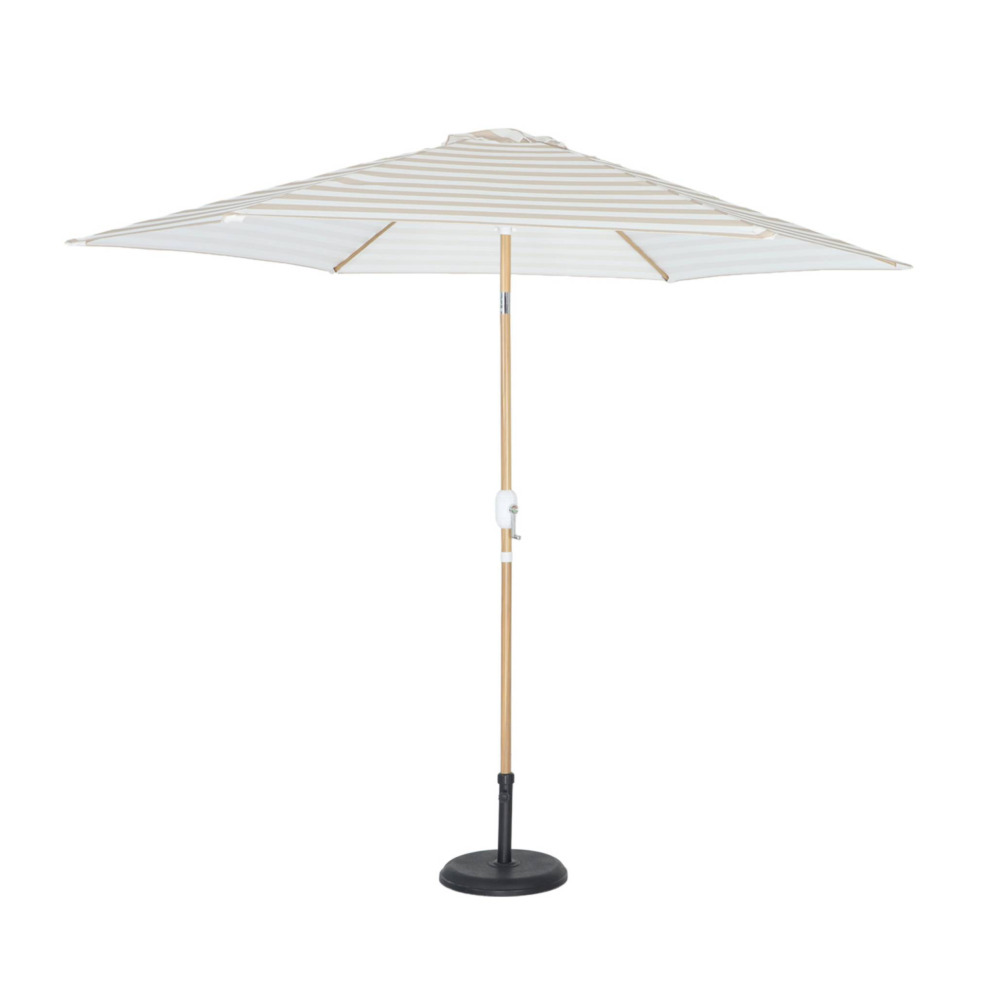 Parasol droit rond rayures beige Ø293cm mât central en aluminium imitation bois. orientable et manivelle d'ouverture