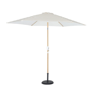 Parasol droit rond rayures beige Ø293cm mât central en aluminium imitation bois. orientable et manivelle d'ouverture
