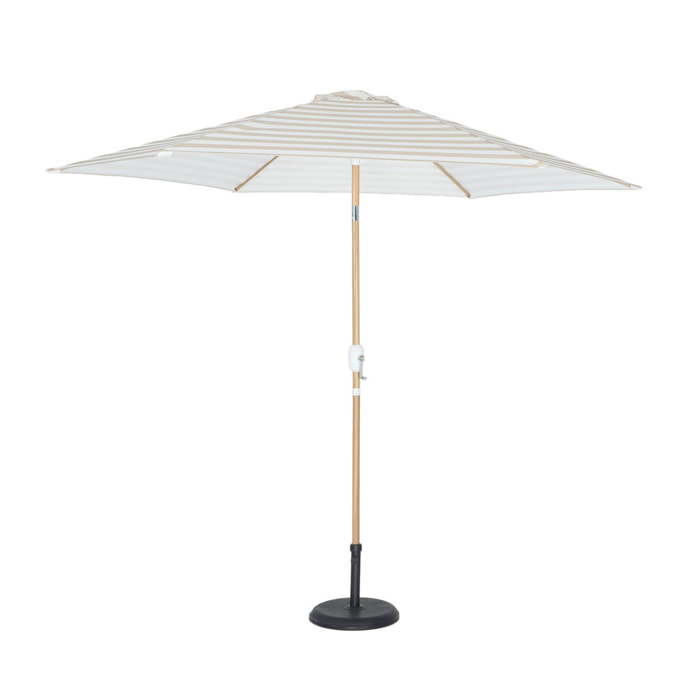 Parasol droit rond rayures beige Ø293cm mât central en aluminium imitation bois. orientable et manivelle d'ouverture