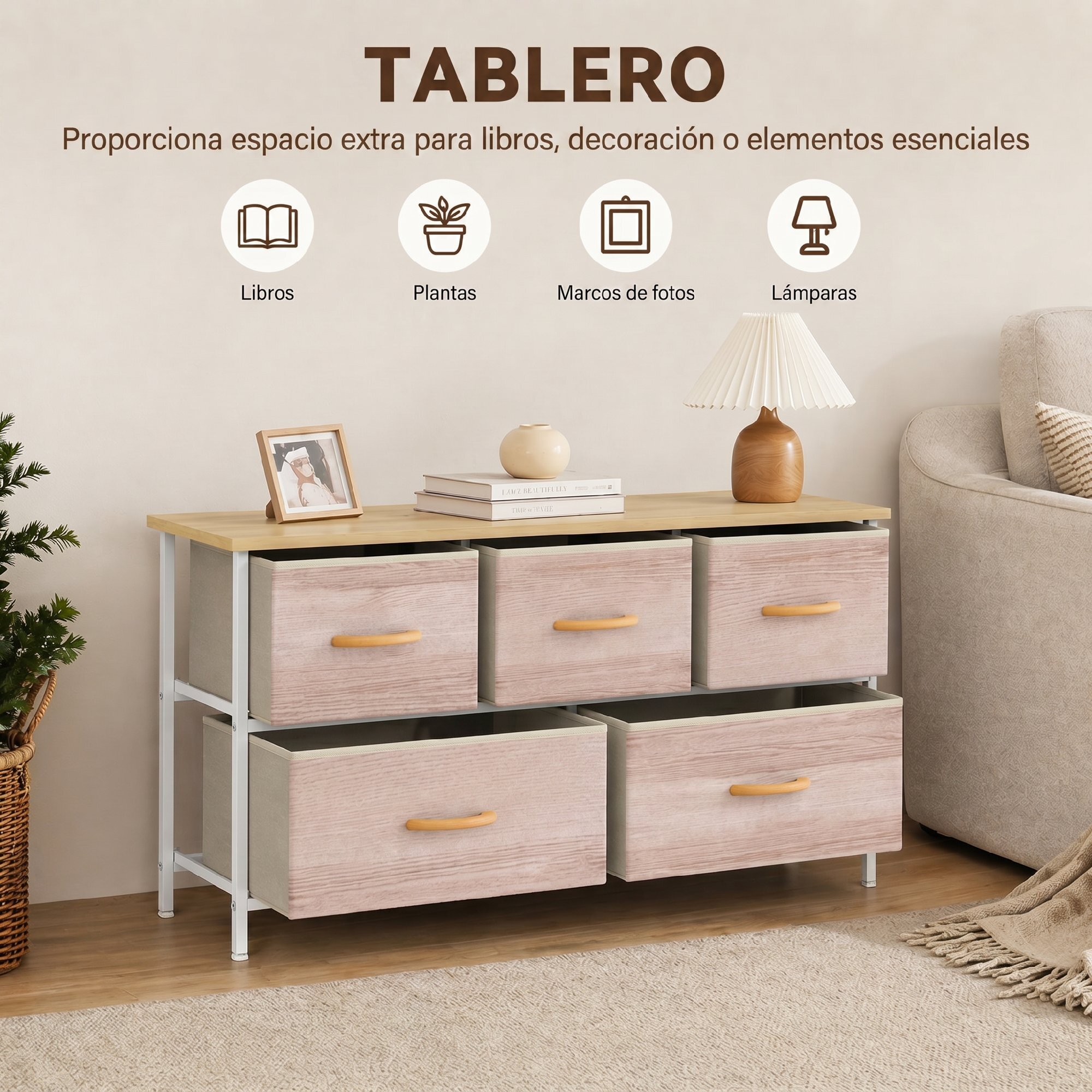 Cómoda con 5 Cajones de Tela, Cómoda para Dormitorio, Marco de Metal, Cajonera para Salón, Oficina, Vestidor, Natural y Blanco