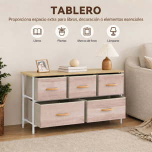 Cómoda con 5 Cajones de Tela, Cómoda para Dormitorio, Marco de Metal, Cajonera para Salón, Oficina, Vestidor, Natural y Blanco