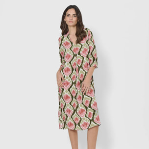 Vestido midi bambula detalles plisados amapola verde/rosa