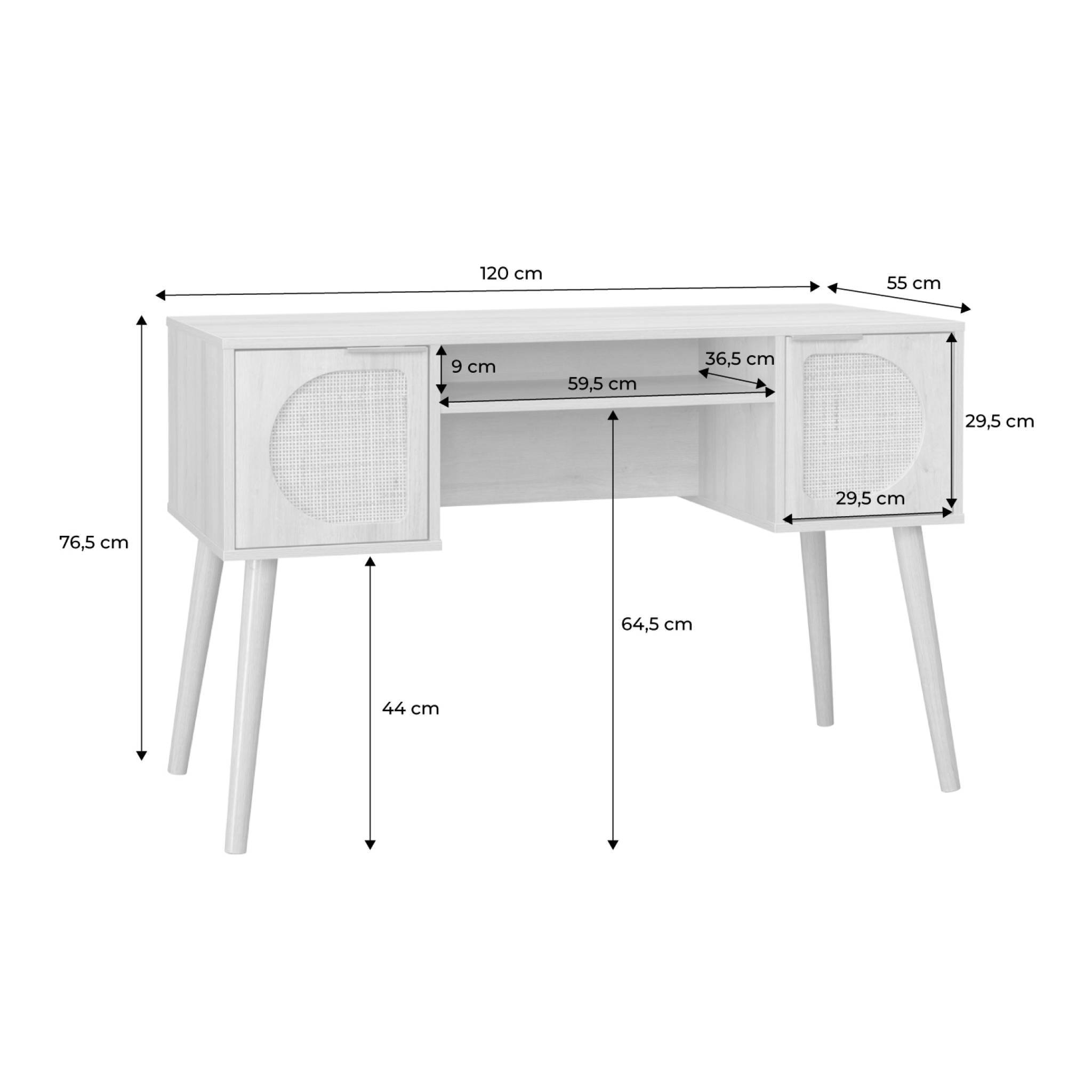 Bureau effet bois et cannage 2 portes EVA naturel 120 x 55 x 76.5 cm