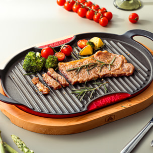 Grill ovale en fonte rouge   avec support en bois