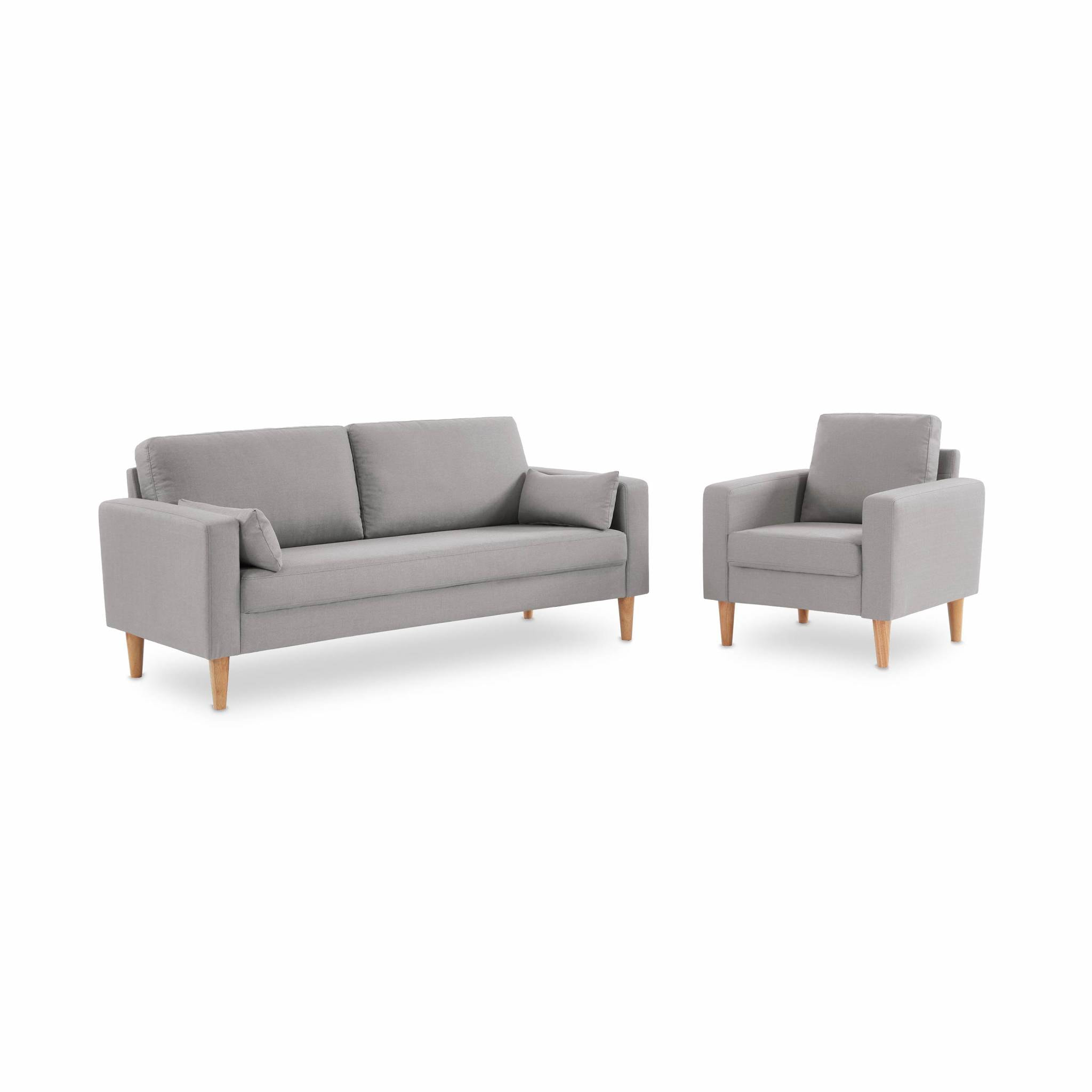 Fauteuil scandinave en tissu gris clair - Bjorn - Canapé 1 place fixe droit pieds bois