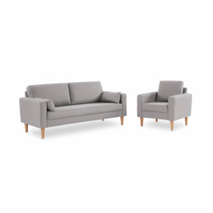Fauteuil scandinave en tissu gris clair - Bjorn - Canapé 1 place fixe droit pieds bois
