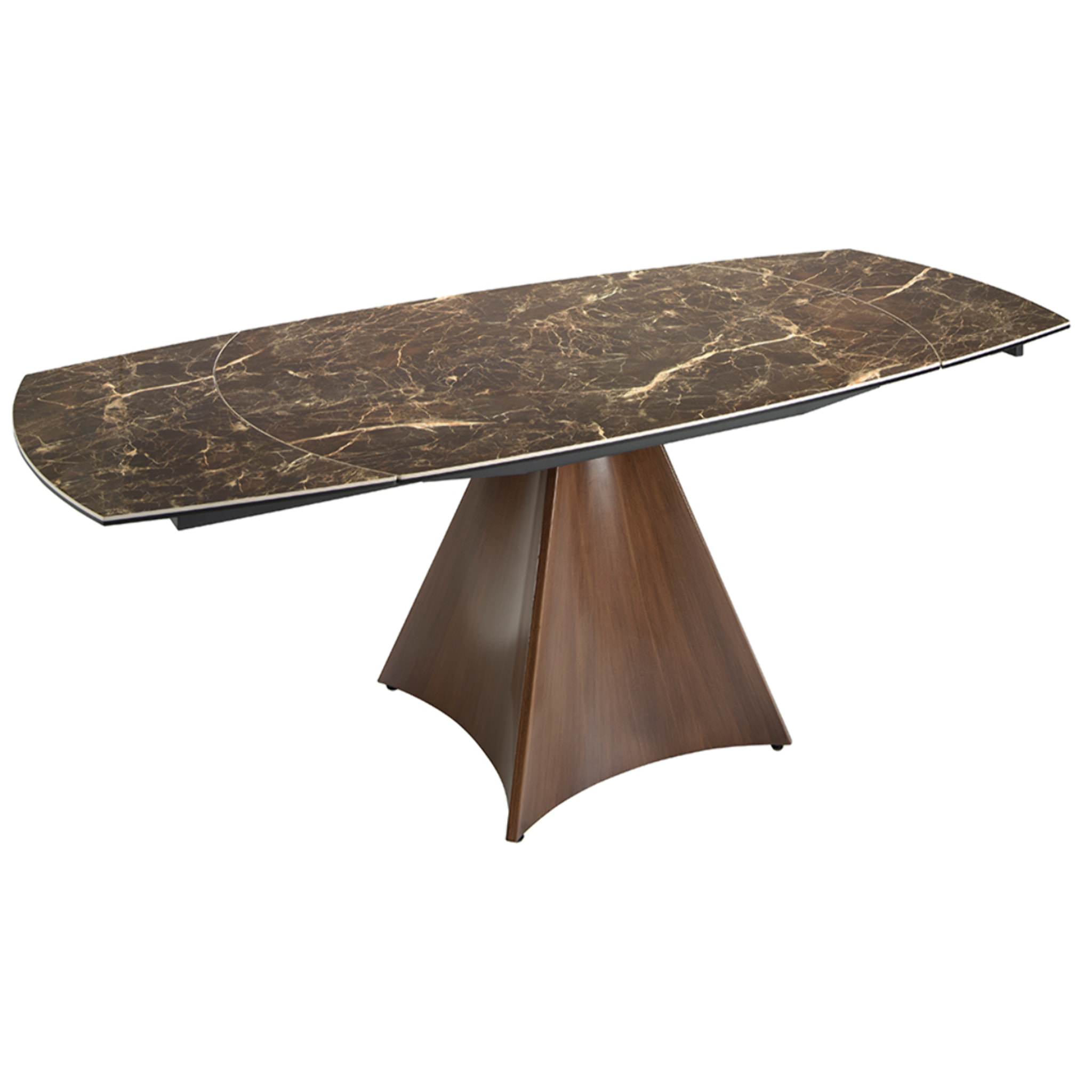 Mesa comedor extensible ovalada barril con tapa de mármol porcelánico en marrón con vetas crema en acabado brillo 135x90x75cm