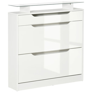 Armoire à chaussures avec 2 tiroirs rabattables + 1 tiroir coulissant + 1 comptoir et 1 plateau en verre étagère réglable sur 2 niveaux 89 x 23 x 96 cm blanc