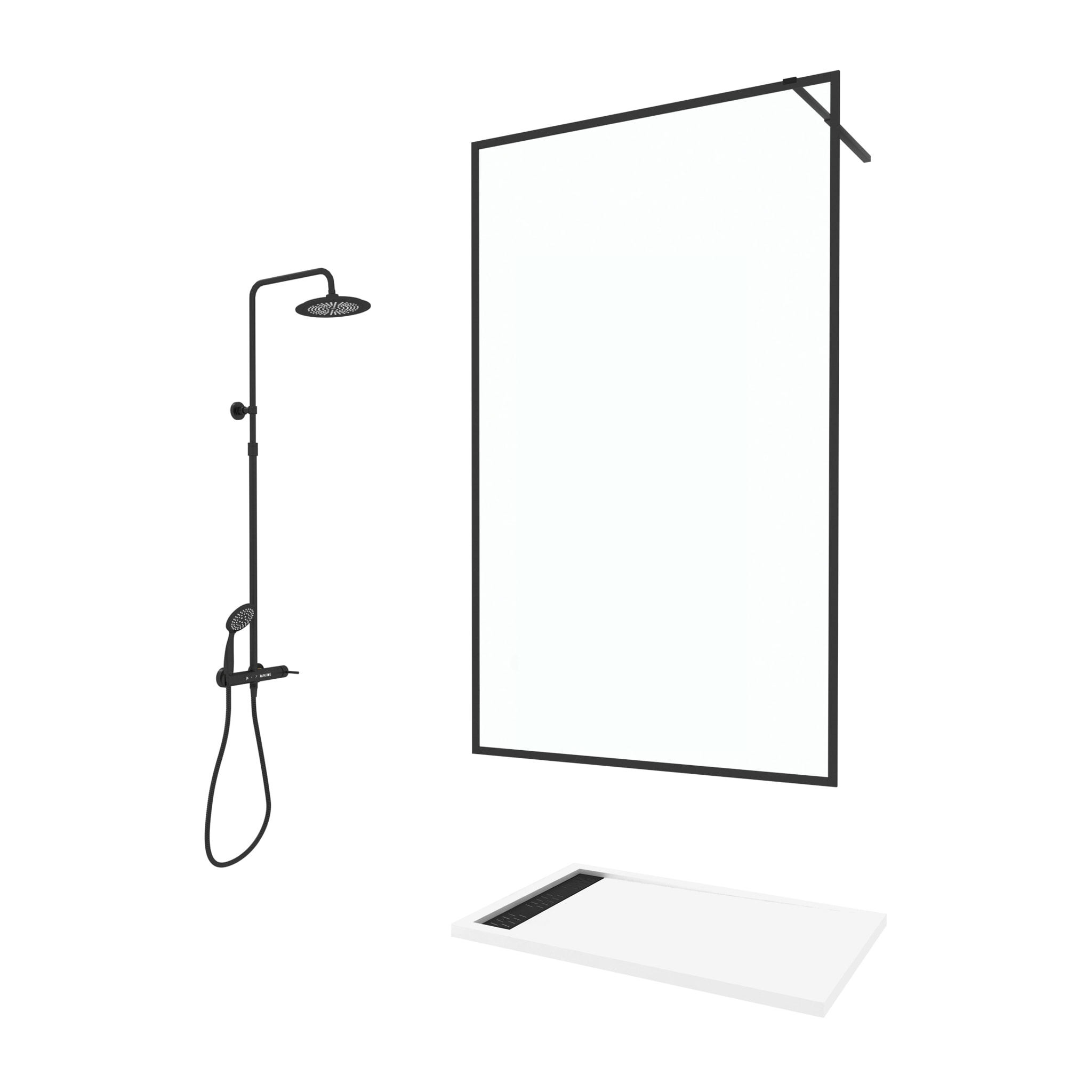 Paroi de Douche 120x200 Verre 8mm & Cadre Noir + Receveur Blanc 80x120 + Colonne de Douche Mécanique