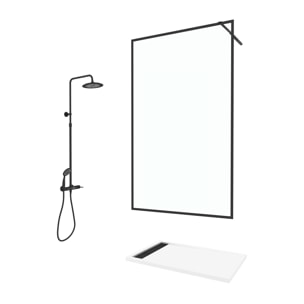 Paroi de Douche 120x200 Verre 8mm & Cadre Noir + Receveur Blanc 80x120 + Colonne de Douche Mécanique