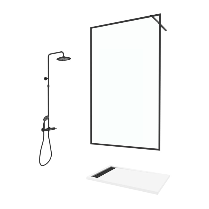 Paroi de Douche 120x200 Verre 8mm & Cadre Noir + Receveur Blanc 80x120 + Colonne de Douche Mécanique