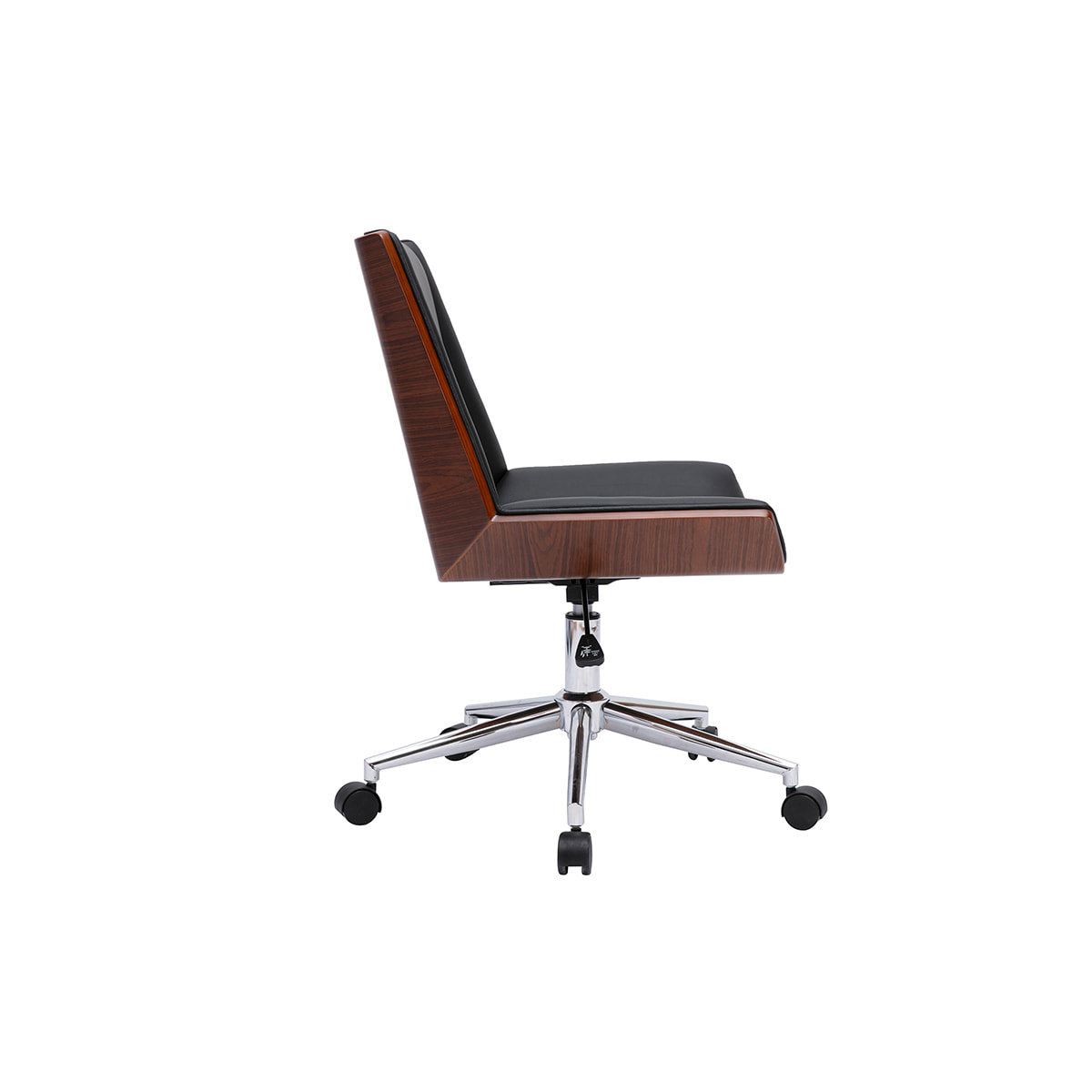 Chaise de bureau à roulettes design noire, bois foncé et acier chromé MELKIOR