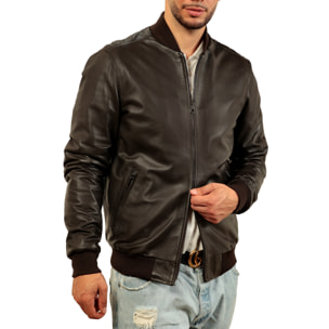 Giubbino in vera pelle di vitello foderato con trapunta invernale Marrone-Slim Fit