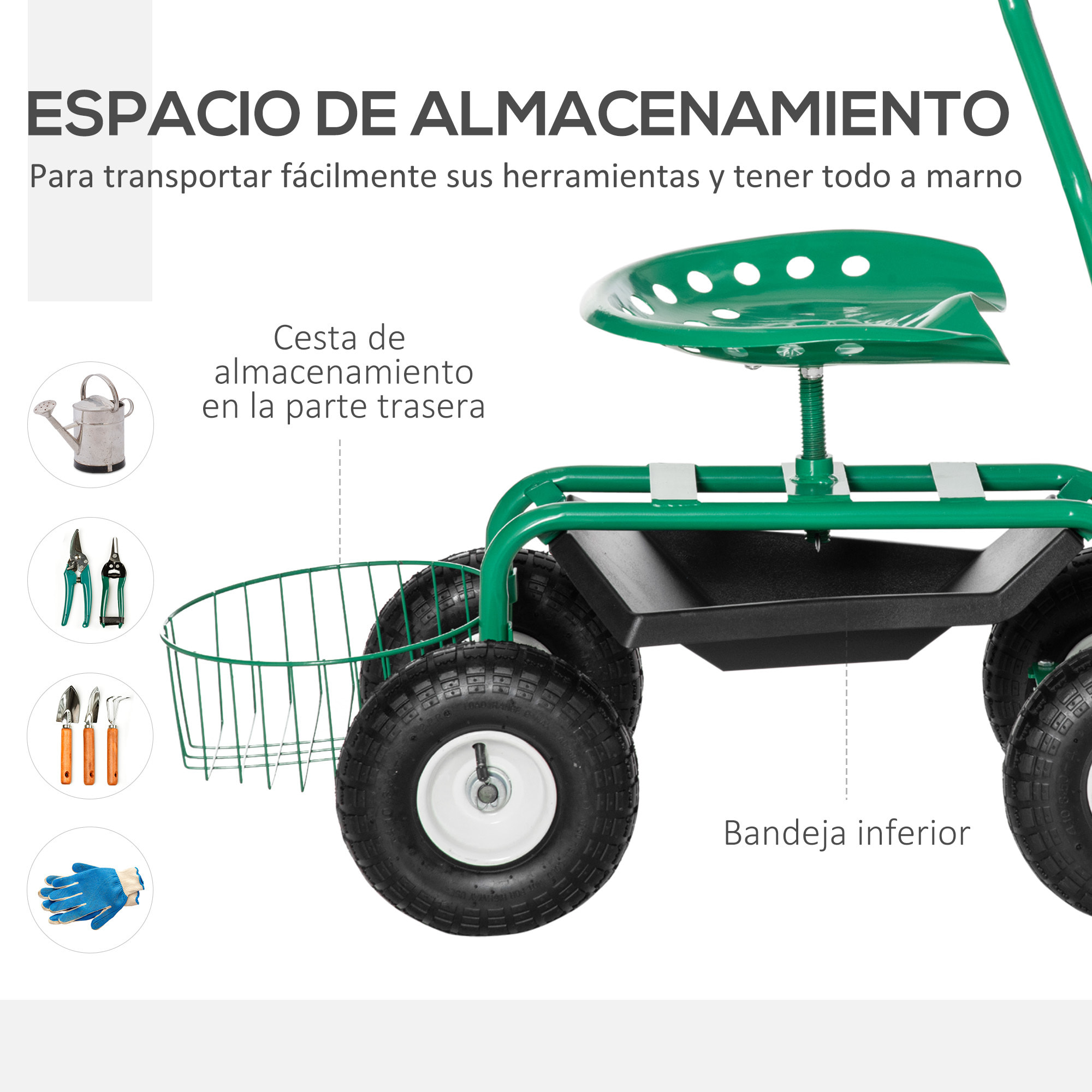 Asiento de Jardín con Ruedas, Taburete de Jardinería con Asiento Giratorio y Ajustable en Altura, Ruedas Neumáticas, Bandeja de Herramientas y Cesta, Carga 150 kg para Patio, Exterior, Verde