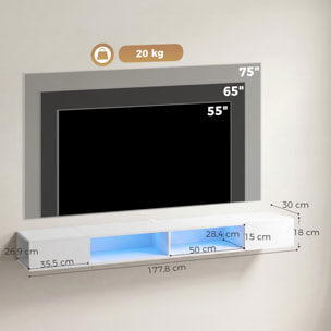 Mueble de TV Suspendido con Luces LED, Mueble de TV para Salón con Estantes Abiertos, Estilo Moderno, para Televisión 75 Pulgadas, 177,8x30x18 cm, Blanco