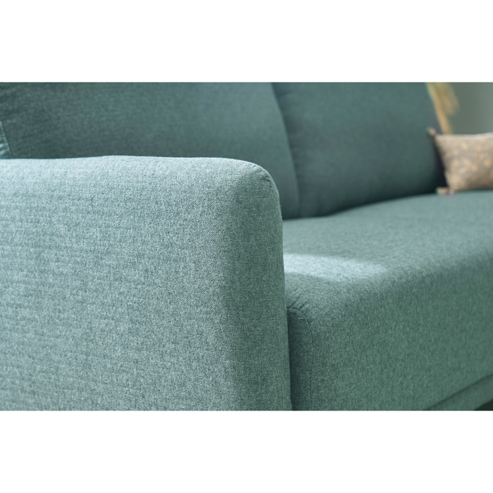 Canapé design 3 places en tissu vert de gris et bois clair BONO