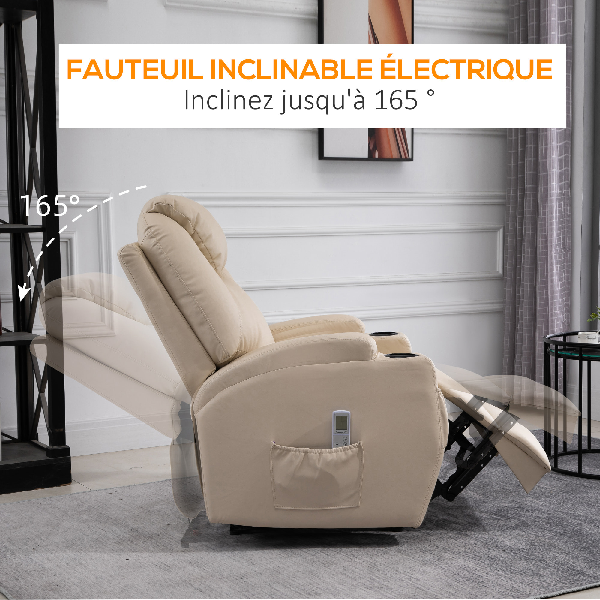 Fauteuil luxe de relaxation et massage inclinaison dossier repose-pied électrique revêtement synthétique crème